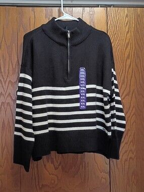 DKNY Black and White Striped Cowl-Neck Sweater
